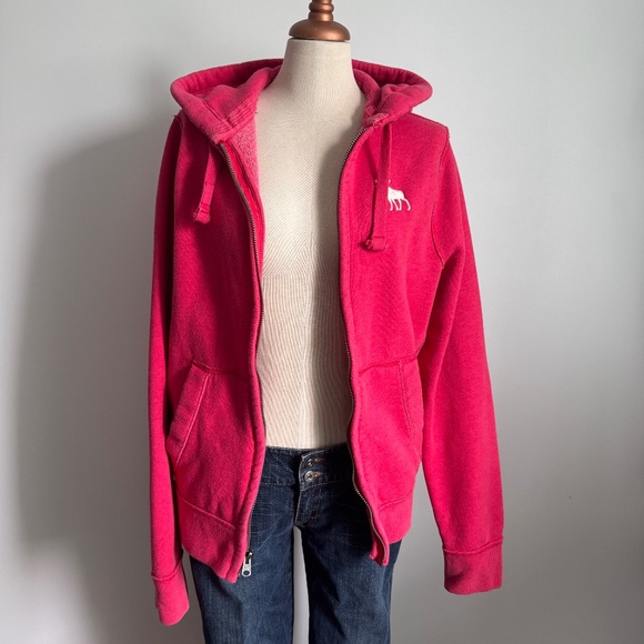 Abercrombie & Fitch Muscle Pink -Red  Zipped Hoodie with Embroidered White Deer - Picture 3 of 9
